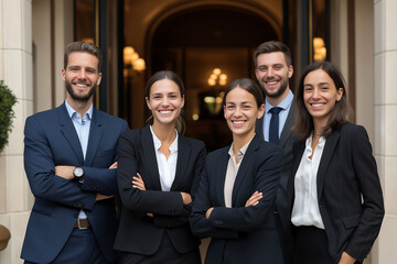 Diverse hotel staff team in suits pose in front of luxury entrance, smiling. Business concept image of professionals