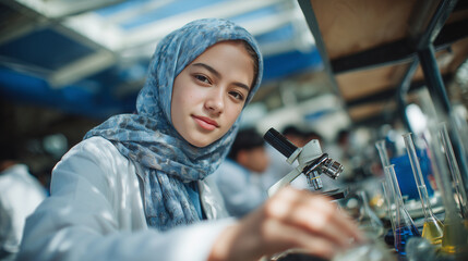 Energetic Muslim girl with light blue hijab adjusts the knobs on a microscope while colorful liquid-filled flasks line the lab table sunlight pouring in creates a bright learning a