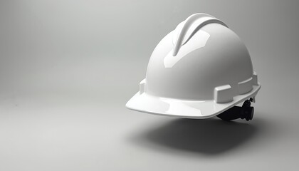Fototapeta premium Clean, white safety helmet presented in studio shot against light grey background. Essential piece of personal protective equipment often used in construction, industrial settings, manufacturing for