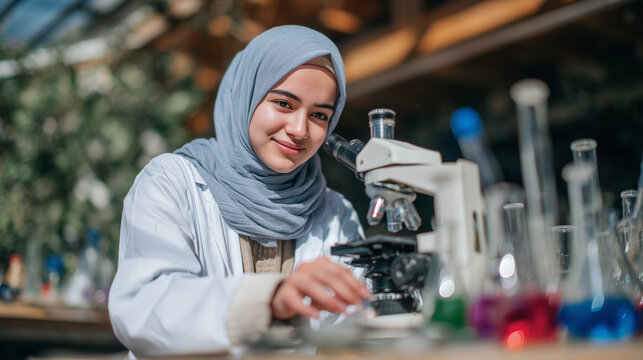 Energetic Muslim girl with light blue hijab adjusts the knobs on a microscope while colorful liquid-filled flasks line the lab table sunlight pouring in creates a bright learning a