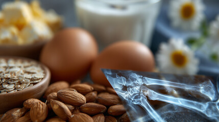 Close-up composition of health-focused ingredients including Greek yogurt, almonds, eggs, and flaxseeds, with a medical X-ray image of joints placed beside diet and anatomy united