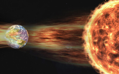 A dramatic visualization of the Sun emitting solar wind toward Earth. The glowing plasma stream collides with the planets magnetic shield. Elements of 3D rendered illustration were furnished by NASA