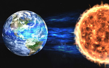 Earth and the Sun connected by a vibrant blue energy stream. The Sun radiates intense heat into the Earth planet in space. Elements of this vertical 3D rendered illustration were furnished by NASA.