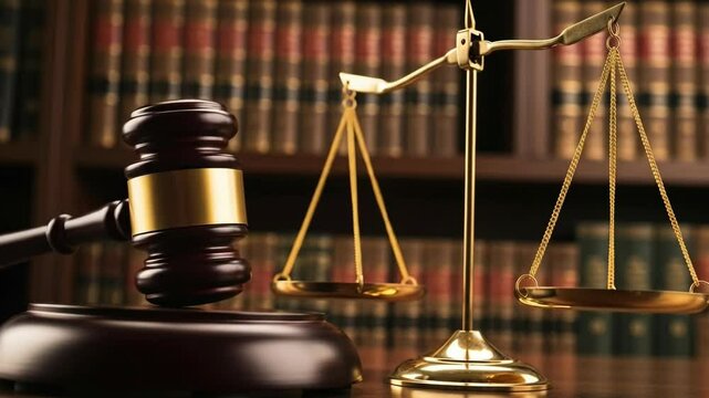 Close-up of a gavel and scales of justice in a law library setting for legal and judicial themes