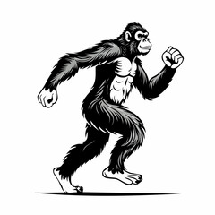 Black and white Bigfoot Running Vector Illustration isolated on white background.