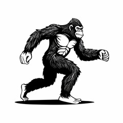 Black and white Bigfoot Running Vector Illustration isolated on white background.