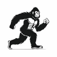 Black and white Bigfoot Running Vector Illustration isolated on white background.