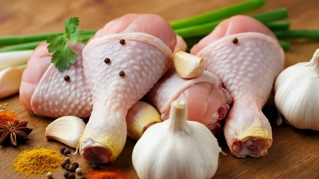 Fresh chicken drumsticks with spices and garlic on a wooden surface for culinary and cooking uses