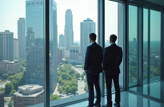 Two businessmen in suits stand near large window, observing city skyline. In modern office building, looking out at skyscrapers, trees, traffic below. Scene represents career success, teamwork, pro