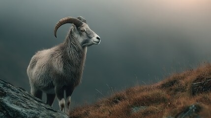 Fototapeta premium Mountain goat perched on green hill, foggy sky behind, grassy terrain