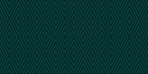 Abstract vector geometric seamless pattern. Subtle dark green background. Simple  texture with rhombuses, diamonds, lines, stripes. Minimal tartan ornament. Repeated design for decor, textile, carpet