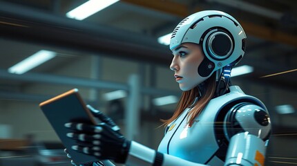 Futuristic Robot Woman with Tablet.