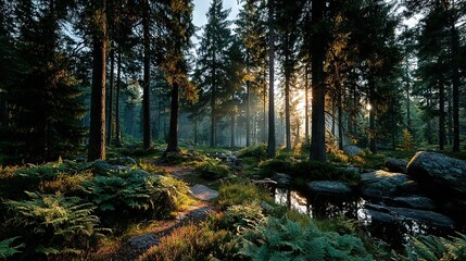  Sunlight filters through tree branches, illuminating a rocky forest trail lined with ferns