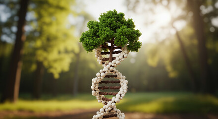 Green tree growing from DNA helix against blurred forest background, symbolizing nature, genetics, and life's growth
