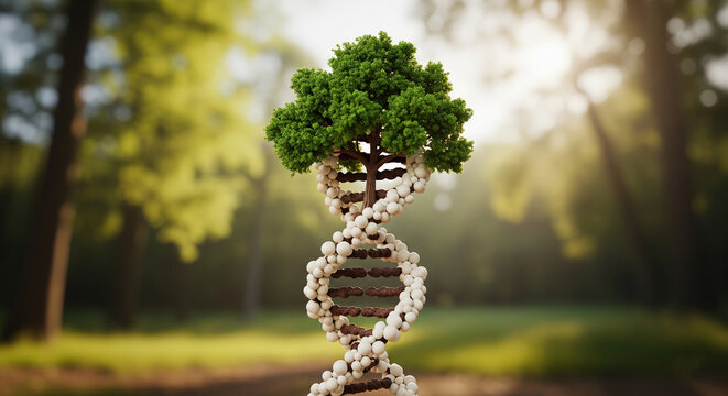 Green tree growing from DNA helix against blurred forest background, symbolizing nature, genetics, and life's growth