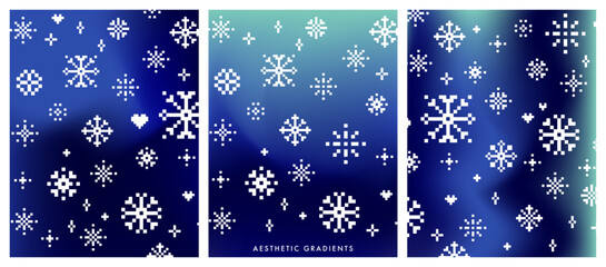 Pixel snowfall with abstract aurora gradient background. Dark blue and green color gradation. Retro 8 bit snowflakes pattern. Y2k inspired winter northern sky bg set for modern digital holiday design