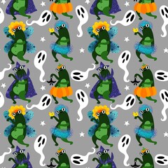 Halloween animals cartoon seamless frogs monsters pattern for wrapping and kids clothes print and party accessories