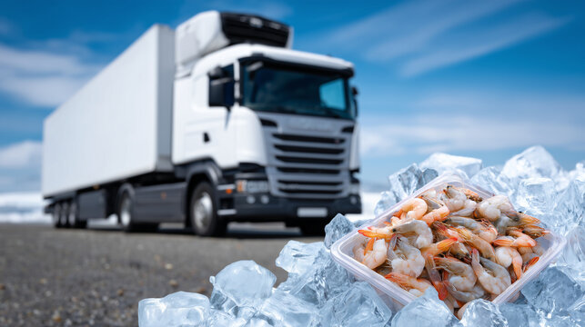 Commercial seafood delivery truck with refrigeration unit parked, foreground shows fresh shrimp piled on ice inside open container, highlighting freshness and safe transport
