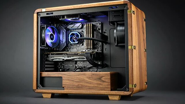Open walnut PC case with components lit inside
