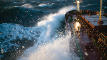 Close-up of shipâs bow as it breaks through lively ocean waves, rich red paint contrasting with frothy water, sun casting warm glow on metal surface, maritime shipping in motion