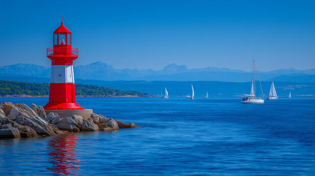 Red navigation buoy gently rocking on transparent blue water, reflections and shadows create calm mood, summer sea travel setting with distant sailboats cruising near horizon