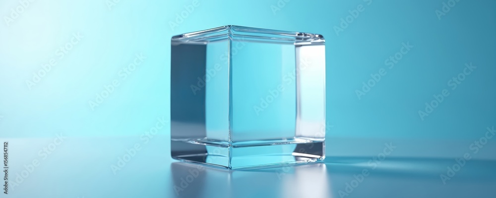 Fototapete clear glass cube on light blue gradient background. geometric shape for modern design and abstract c