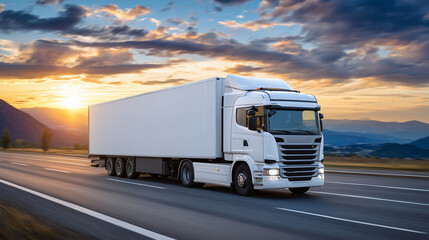 Large European semi-truck with cargo trailer drives along empty highway at golden hour, vibrant orange sunset sky casting long shadows, road stretching into horizon, symbolizing in