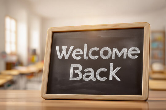 welcome back sign on classroom chalkboard