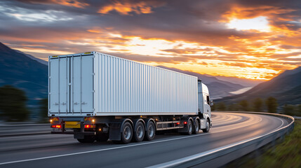 Rear view of truck with large container moving through highway curves, sunset sky ablaze with orange and red tones, dynamic scene of freight transport and road logistics