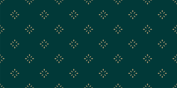 Luxury golden minimalist background. Vector geometric seamless pattern with small diamond shapes, stars, flowers. Subtle gold and dark green shiny abstract texture. Simple minimal repeated geo design