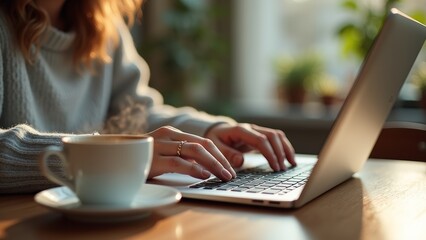 Close-up view of hands typing on a laptop keyboard next to a steaming cup of coffee on a wooden desk. Sunlight streams across the surface, with blurred plants and a window in the background