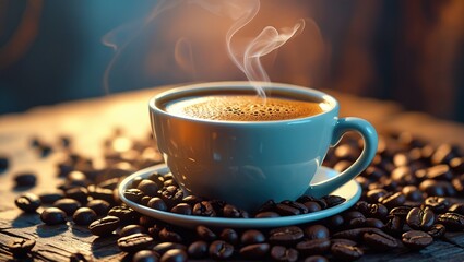 cup of coffee and coffee beans on the table, morning coffee