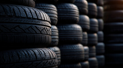 Low-angle shot of tall stack of used tires, textured rubber treads catching soft light, background fades to black, illustrating automotive maintenance and sustainable rubber reuse