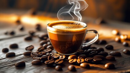 cup of coffee and coffee beans on the table, morning coffee
