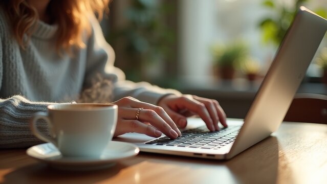 Close-up view of hands typing on a laptop keyboard next to a steaming cup of coffee on a wooden desk. Sunlight streams across the surface, with blurred plants and a window in the background