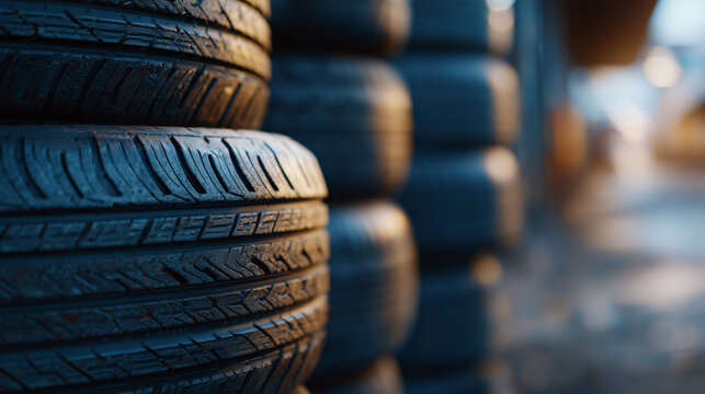 Close-up of stacked used tires showing intricate tread patterns, worn rubber textures highlighted by soft directional light on dark industrial background, symbolizing automotive re