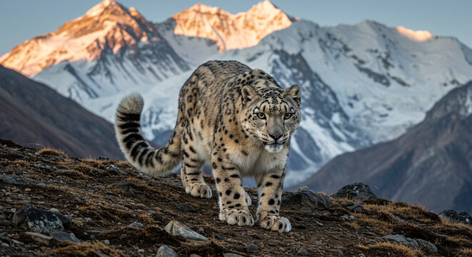A magnificent snow leopard gracefully traverses the rugged, snow-dusted mountain terrain under a clear sky