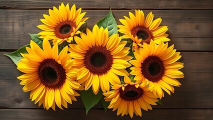 Sunflowers arranged on a rustic wooden surface with warm natural lighting.