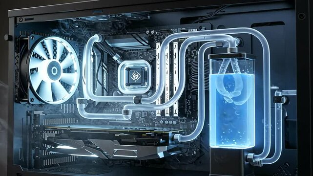 PC with water cooling system glowing blue