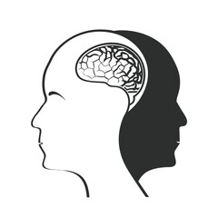 Duality of Mind and Perspective: Two Human Head Silhouettes Intertwined with Visible Brain - Psychology Concept