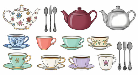 Hand-drawn collection of 11 cozy tea-time illustrations. Feature 3 steaming teapots (floral china pattern, matte burgundy, speckled grey), 5 mismatched teacups (willow pattern blue, solid coral, mint