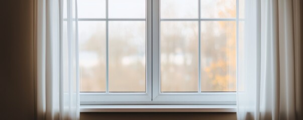 Minimalist mindful living idea. Window with sheer curtains and a blurred outdoor view.