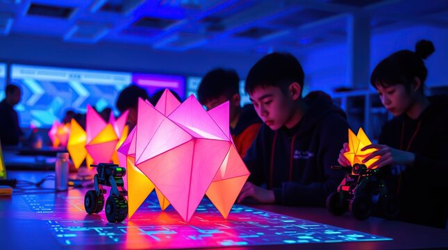 Kids coding with neon lights, and tech lab.