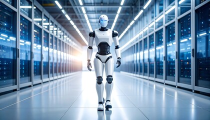 AI Robot Walks Confidently Through Data Center with Modern Technology Concept.