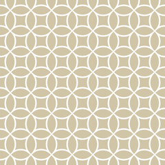 Circle geometric mesh seamless pattern. Simple golden vector ornament texture with circular grid, net, lattice, curved lines. Abstract luxury gold background. Modern repeated design for decor, fabric