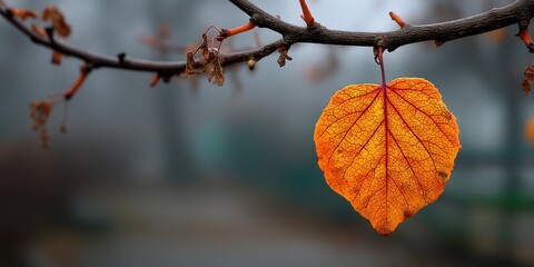Minimalist mindful living idea. A single leaf hanging from a foggy branch.