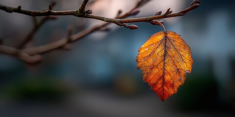Minimalist mindful living idea. A single leaf hanging from a branch in soft focus background.