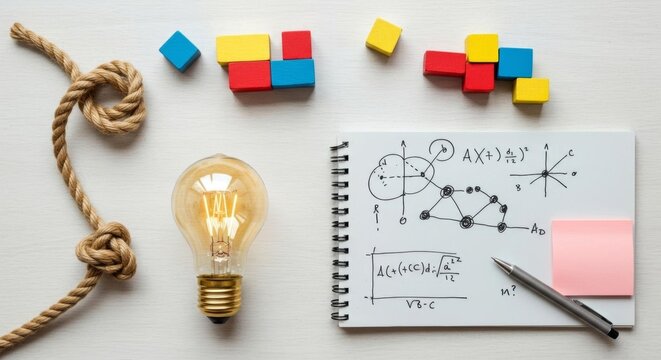 Creative Concept with Lightbulb, Mathematical Equations, Blocks, Rope, and Pen on White Surface.