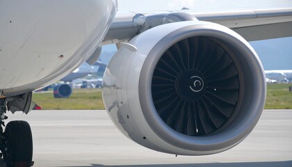 Airplane Engine Detail Closeup of Jet Turbine at Airport with Transportation Concept.