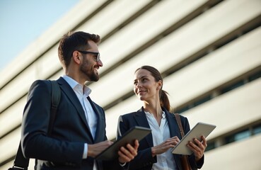 Business partners in suits discuss project using tablets outdoors. Man, woman share ideas near modern office building. Professionals collaborate in urban setting, showing teamwork success,